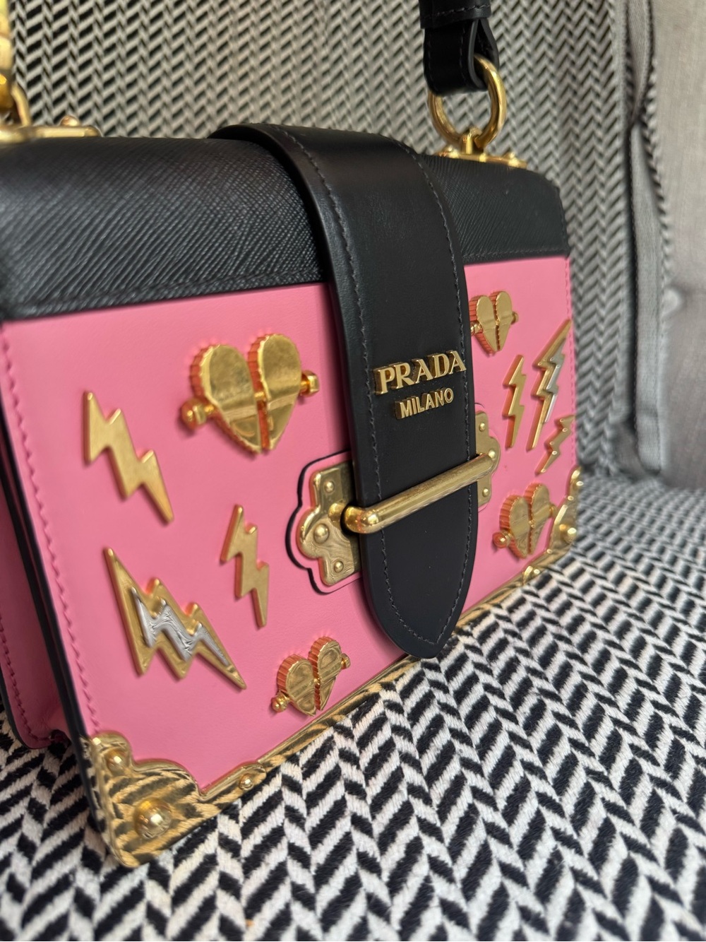 Prada Pink and Black Leather Cahier Crossbody Guitar strap Gold lightning hearts